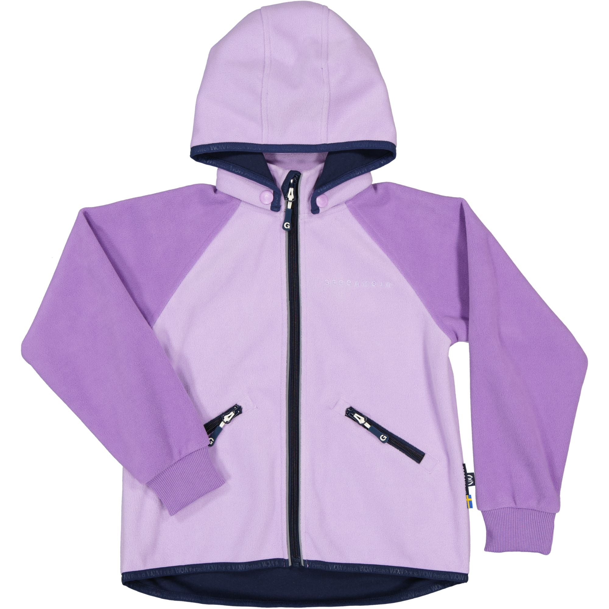 Lila Windfleecejacke mit Hufe und Reißverschluss aus weichem Fleece von Geggamoja.