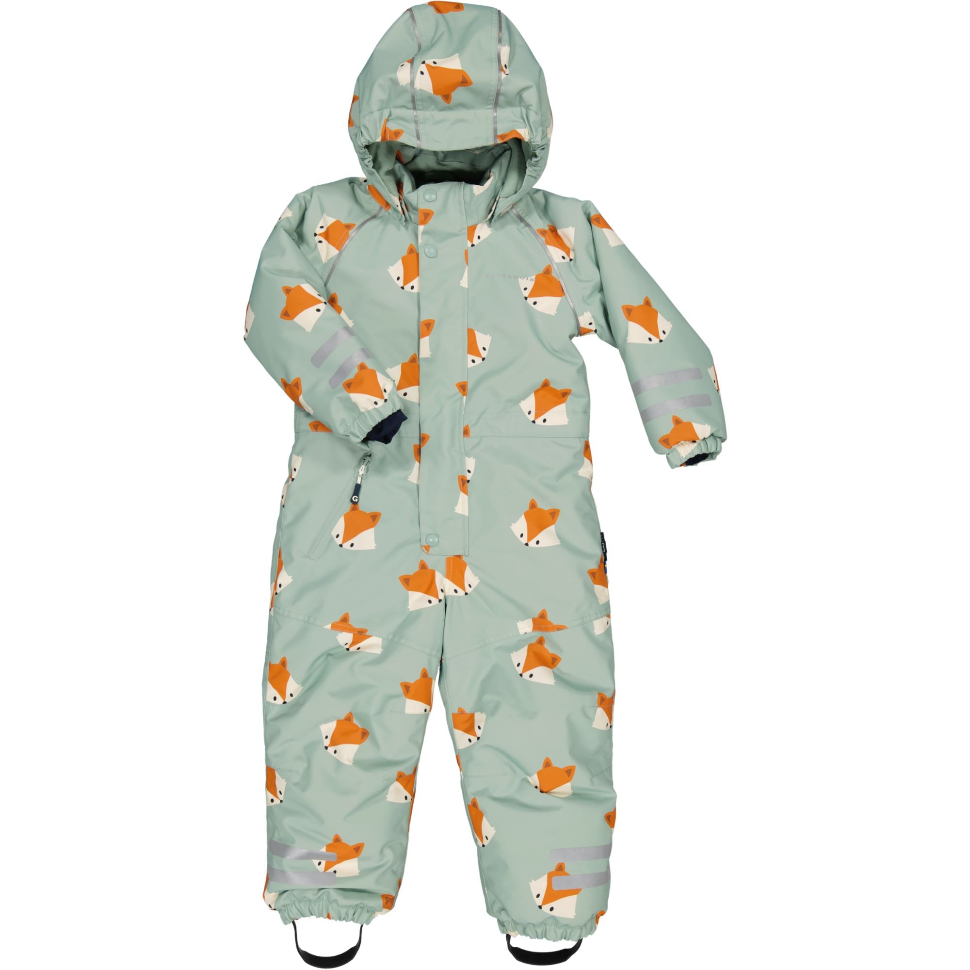 Grüner Winteroverall Unitoddler mit Räv-Muster und abnehmbarer Kapuze von Geggamoja.