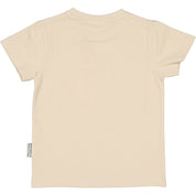 Beige t-shirt sedd bakifrån i mjuk ekologisk bomullsslub med Pettson och Findus-detalj från Geggamoja.