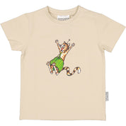 Beige t-shirt i ekologisk bomulls-slub med tryck av katten Findus från Pettson och Findus från Geggamoja.