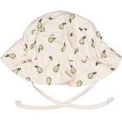 Beige solhatt i mjuk bambu och bomull med päronmönster, praktiska knytband och resår baktill.