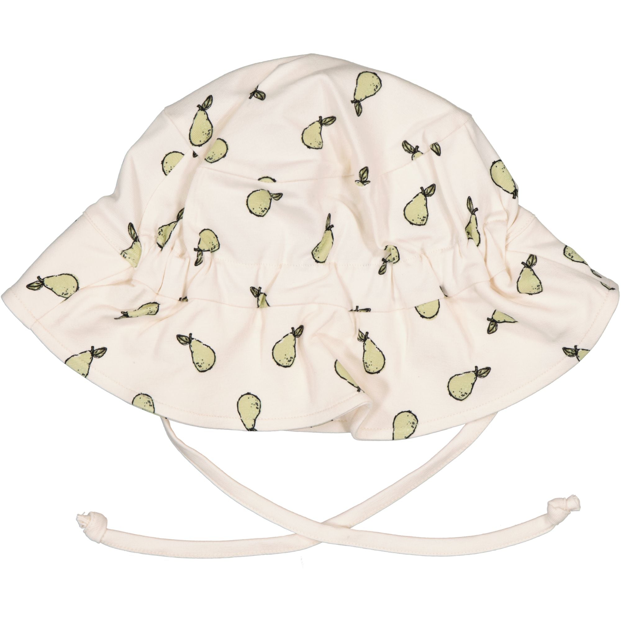 Beige solhatt i mjuk bambu och bomull med päronmönster, praktiska knytband och resår baktill.
