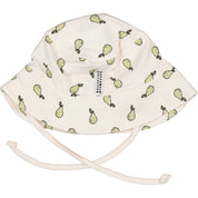 Beige solhatt med päronmönster i mjuk bambu och ekologisk bomull med knytband från Geggamoja.