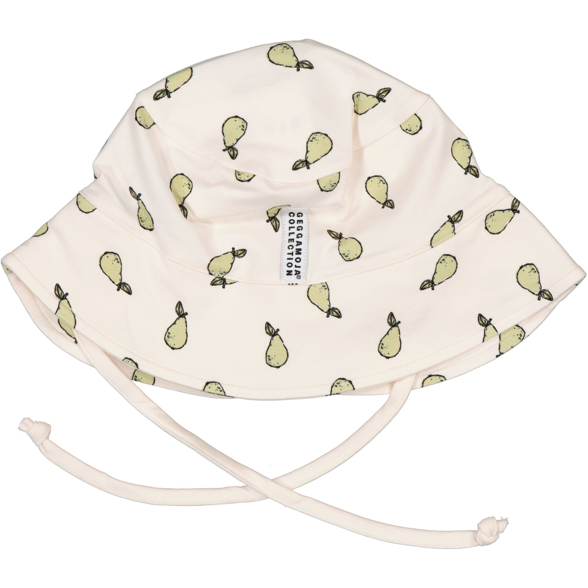 Beige solhatt med päronmönster i mjuk bambu och ekologisk bomull med knytband från Geggamoja.