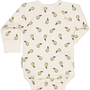 Beige långärmad body med päronmönster i mjuk bambu och ekologisk bomull från Geggamoja.