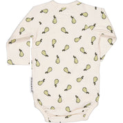 Beige päronmönstrad omlottbody i mjuk bambu med lång ärm från Geggamoja, baksida.