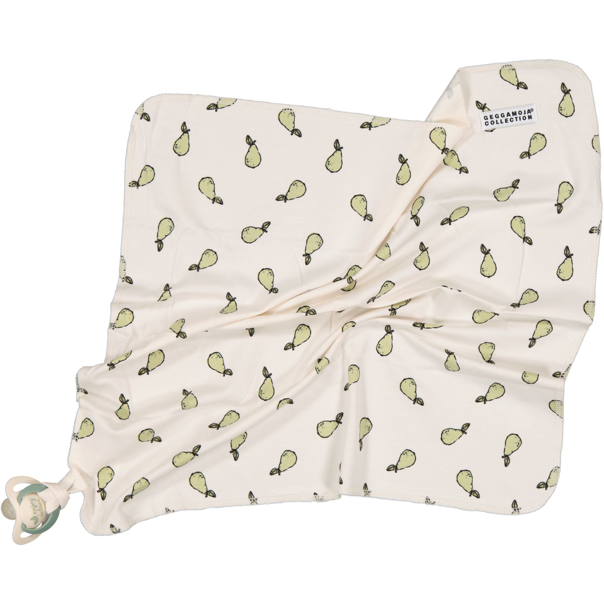 Beige snuttefilt i mjuk bambu med päronmönster och napphållare från Geggamoja.
