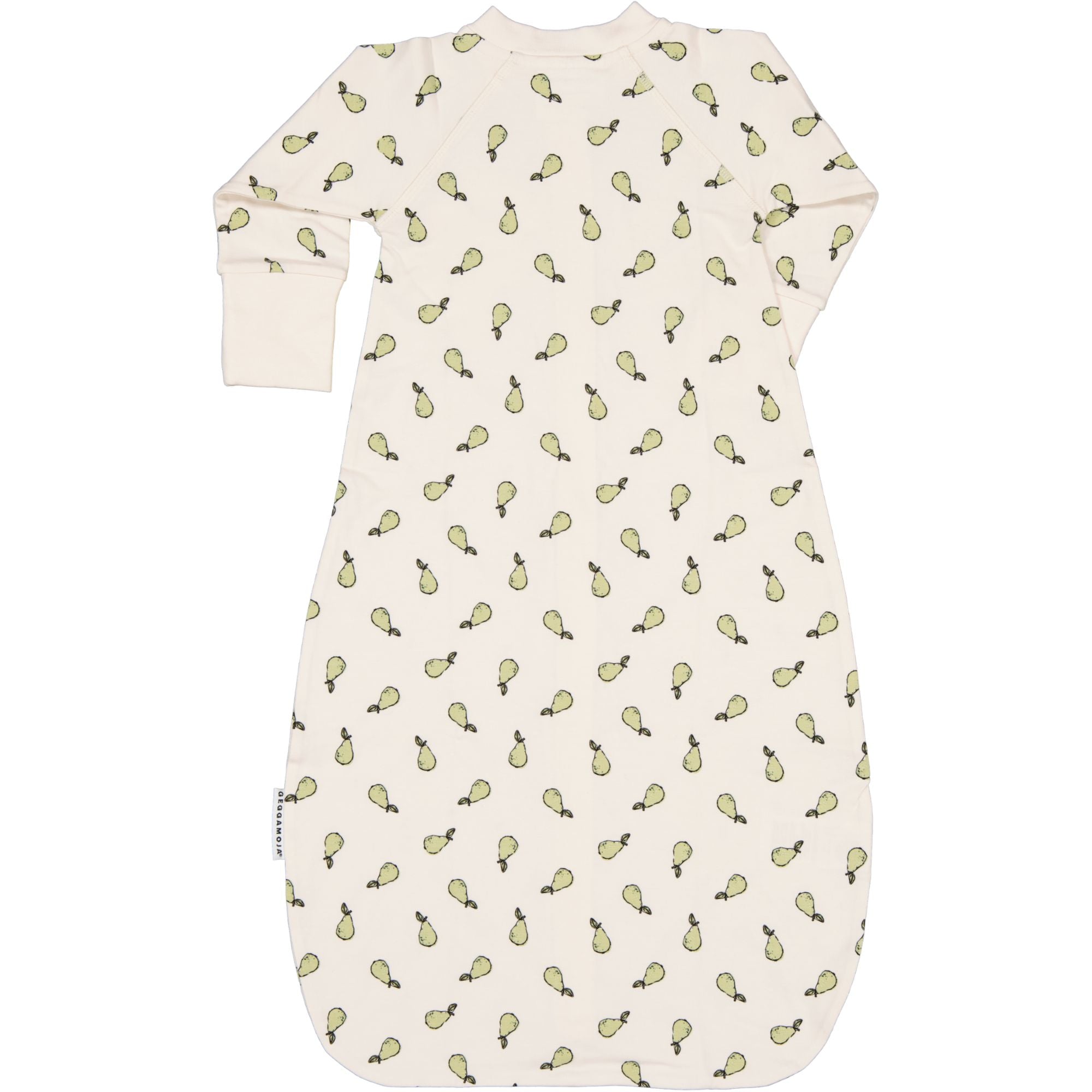 Långärmad beige sovpåse i mjuk bambu med mönster av gröna päron från Geggamoja.