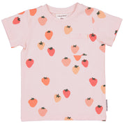 Rosa kortärmad t-shirt i mjuk bambublandning med jordgubbsmönster och bröstficka.