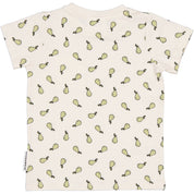 Beige t-shirt i mjuk bambu med heltäckande päronmönster, baksida från Geggamoja.