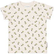 Beige kortärmad t-shirt i mjuk bambu med grönt päronmönster och en liten bröstficka.