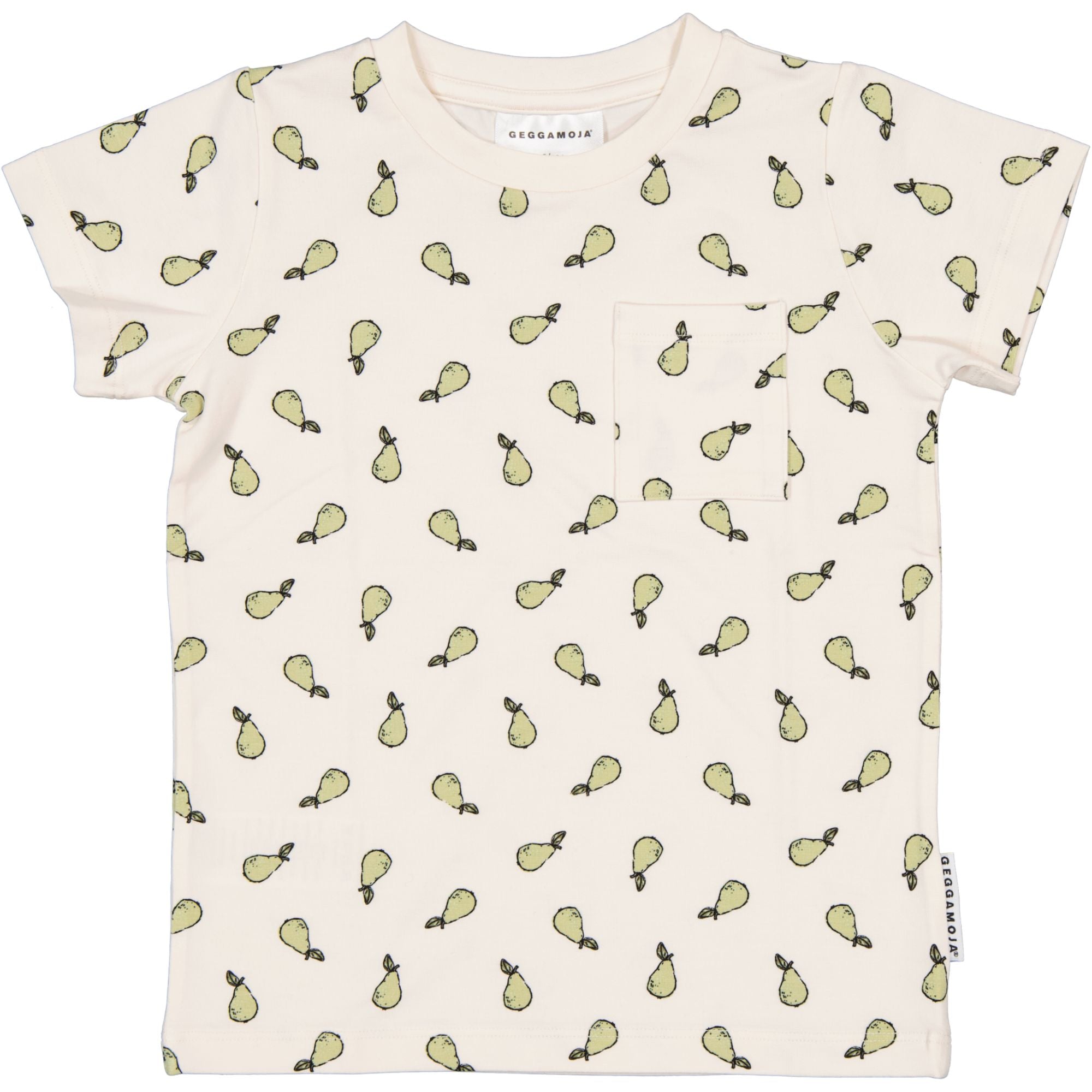 Beige kortärmad t-shirt i mjuk bambu med grönt päronmönster och en liten bröstficka.