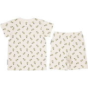 Beige mönstrat sommarset i mjuk bambu med päron, baksidan av t-shirt och matchande shorts.