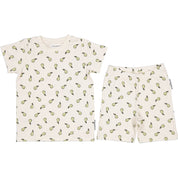 Beige sommarset i mjuk bambu med päronmönster bestående av t-shirt och shorts från Geggamoja.