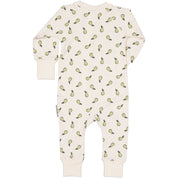Beige pyjamas i mjuk bambu med päronmönster och breda muddar, sedd bakifrån.