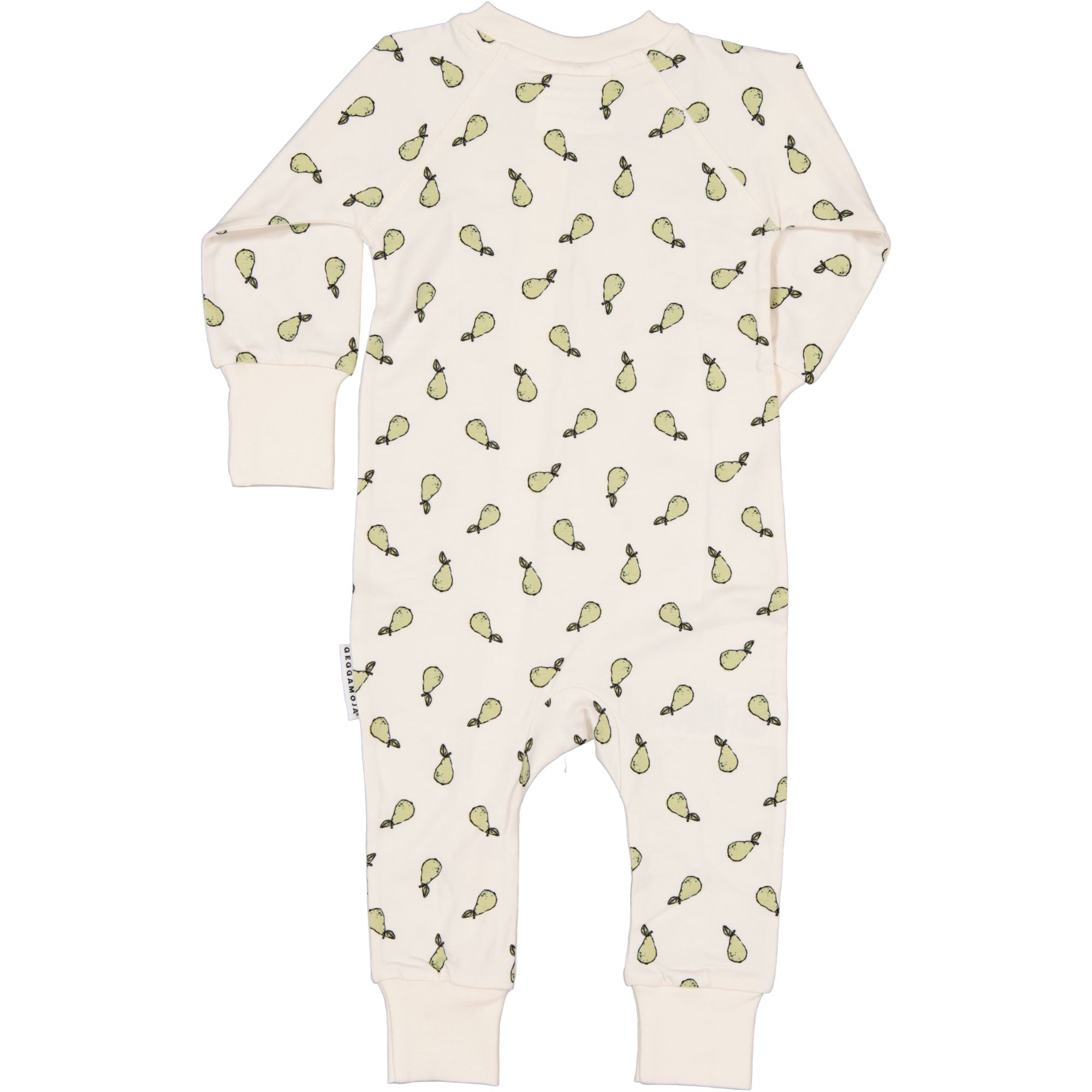 Beige pyjamas i mjuk bambu med päronmönster och breda muddar, sedd bakifrån.