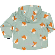Frosty green shell jacket with orange fox pattern and reflective details on the back by Geggamoja.