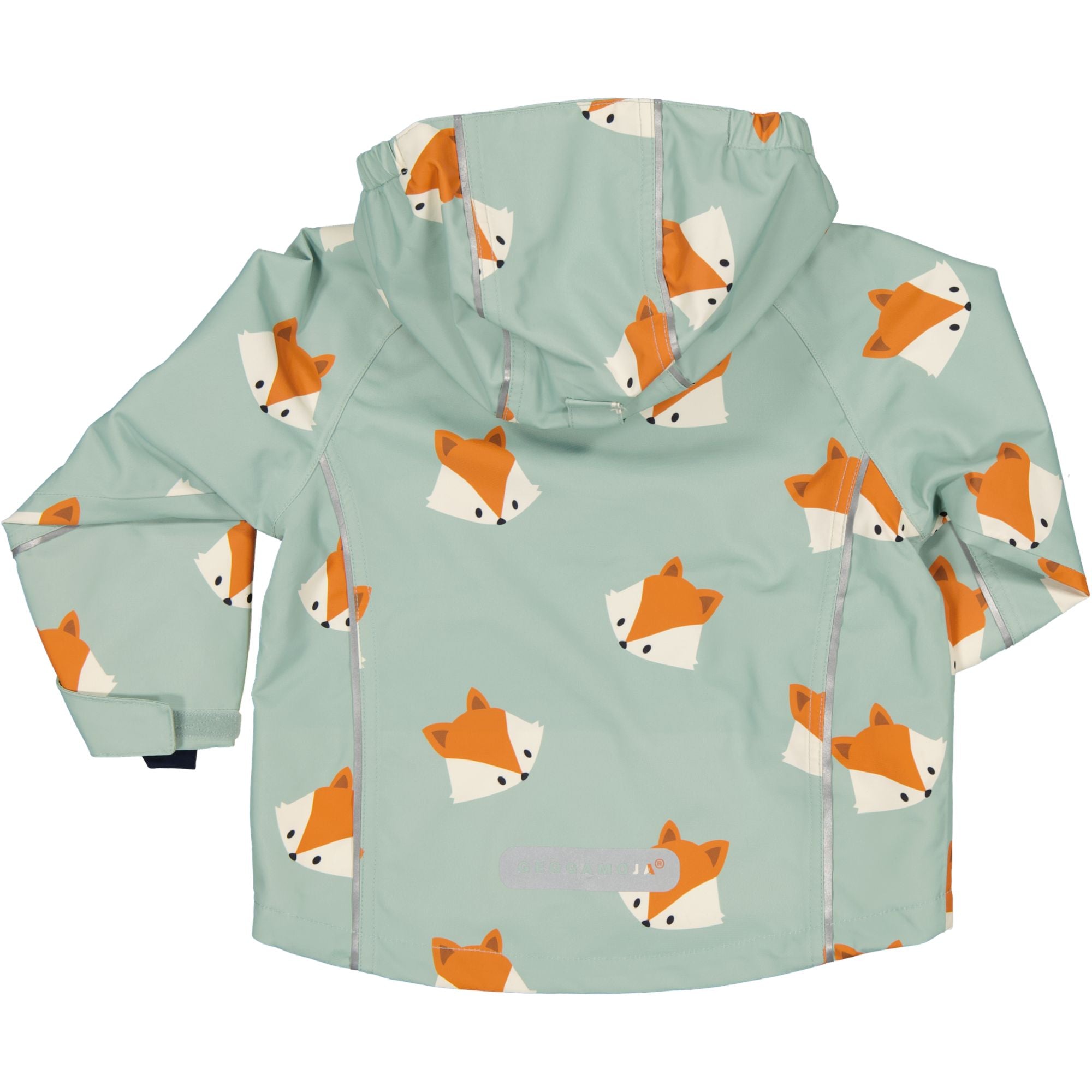 Frosty green shell jacket with orange fox pattern and reflective details on the back by Geggamoja.