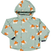 Frosty Green shell jacket in recycled polyester with fox pattern and hood from Geggamoja.