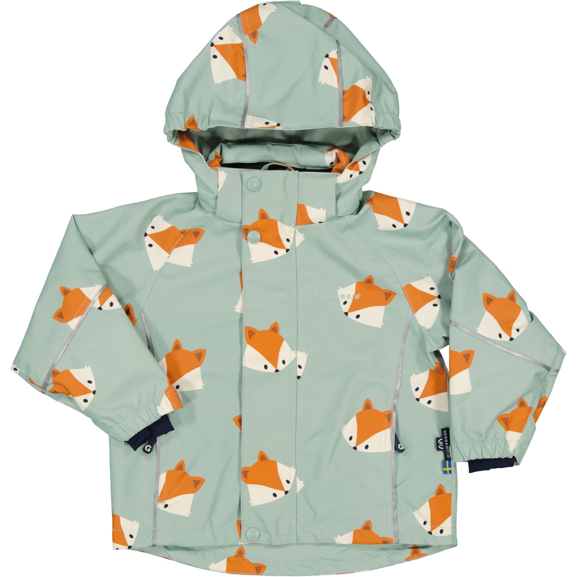 Frosty Green shell jacket in recycled polyester with fox pattern and hood from Geggamoja.