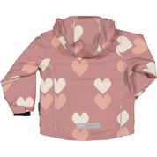 Old pink shell jacket with heart pattern, hood, and reflective details in recycled polyester by Geggamoja.