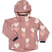 Old pink shell jacket with heart pattern, hood, and reflective details from Geggamoja.
