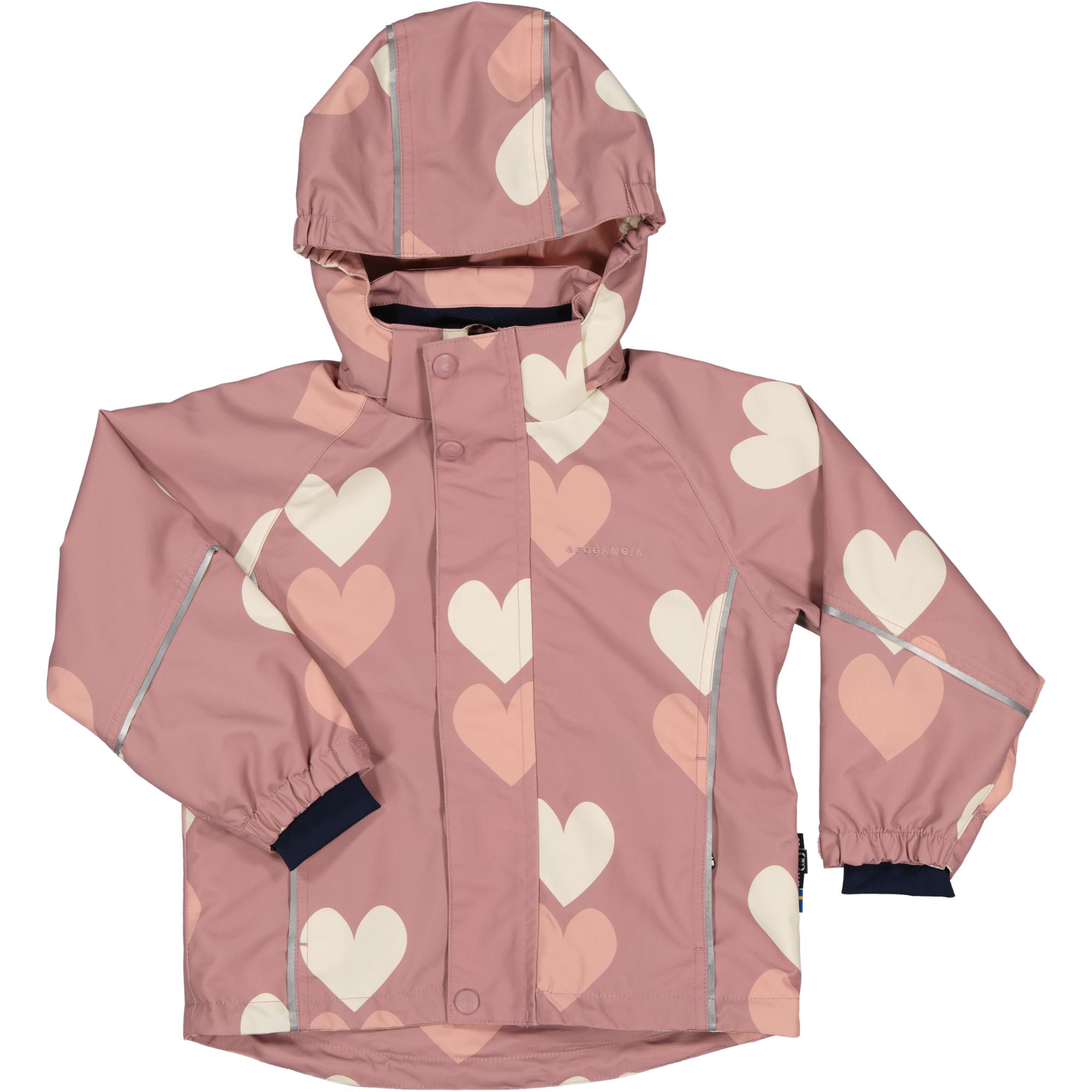Old pink shell jacket with heart pattern, hood, and reflective details from Geggamoja.