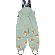 Frosty Green high-rise shell trousers with fox print, logo suspenders, and reflective details from Geggamoja.