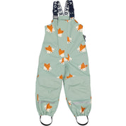 High-rise Frosty Green shell trousers with a fox pattern, suspenders, and reflectors by Geggamoja.