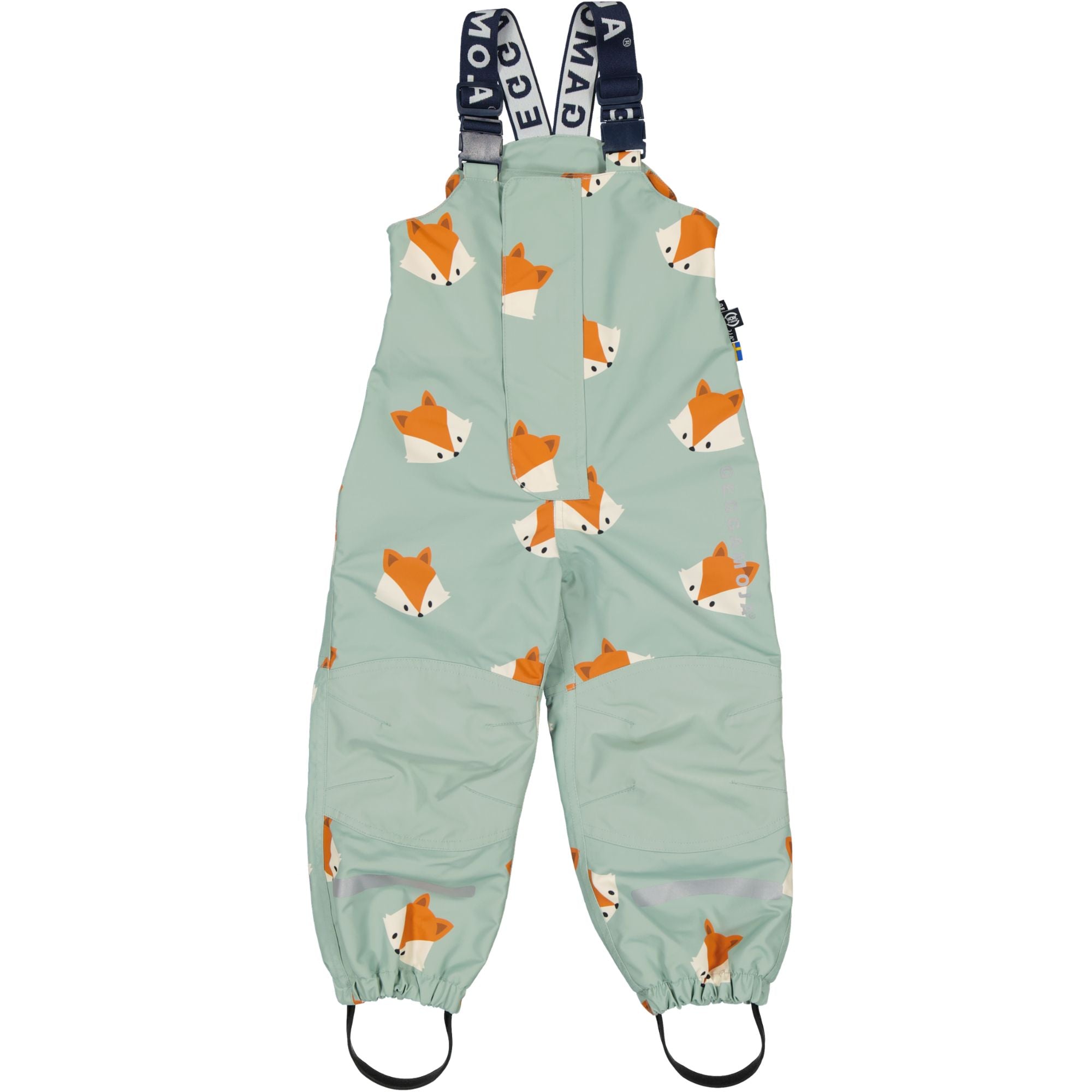 High-rise Frosty Green shell trousers with a fox pattern, suspenders, and reflectors by Geggamoja.