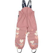 High bib shell pants in Old Pink with heart pattern, suspenders, and back reflectors from Geggamoja.