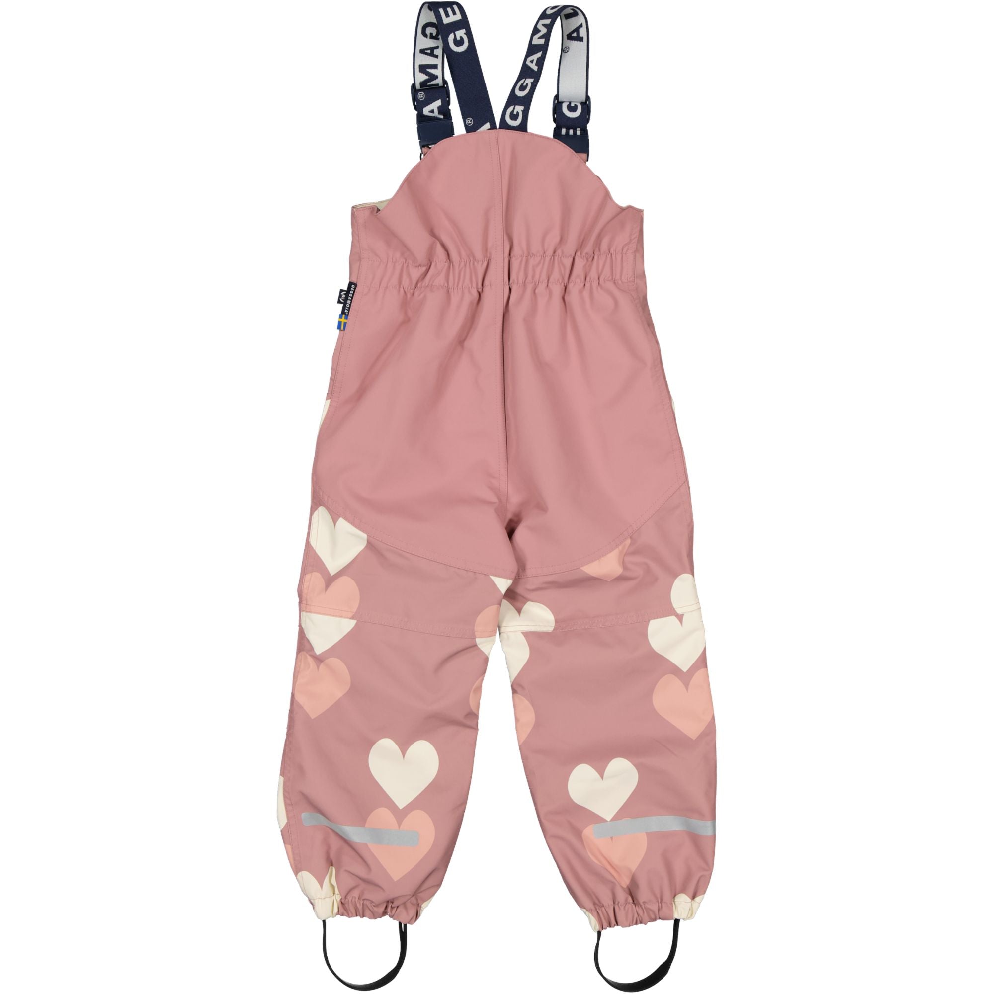 High bib shell pants in Old Pink with heart pattern, suspenders, and back reflectors from Geggamoja.