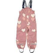 Old Pink high bib shell pants with heart pattern, suspenders and reflectors in recycled polyester from Geggamoja.