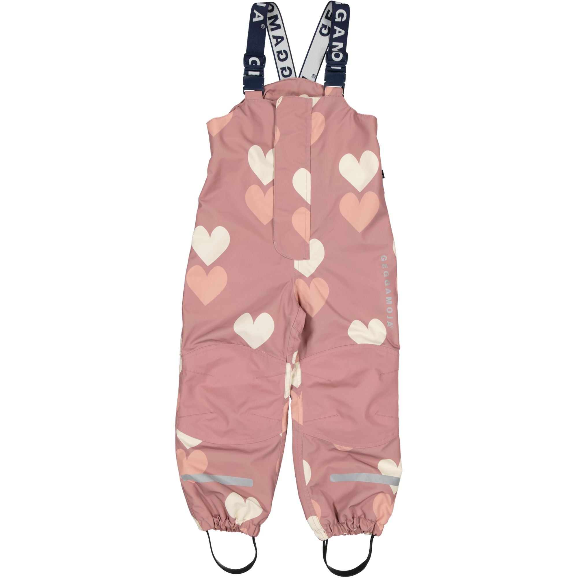 Old Pink high bib shell pants with heart pattern, suspenders and reflectors in recycled polyester from Geggamoja.