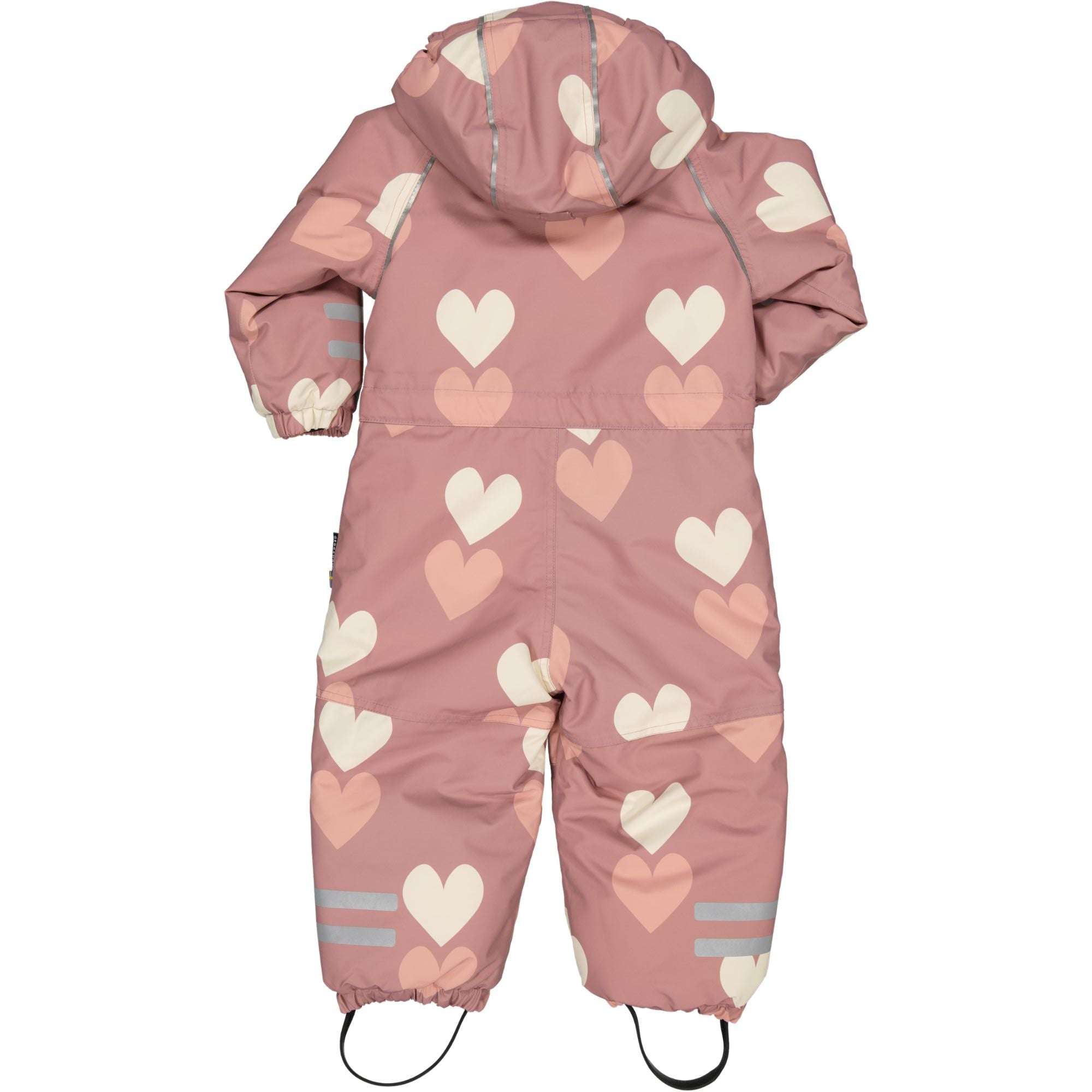 Old pink winter overall with heart pattern, hood, and reflective details seen from behind by Geggamoja.