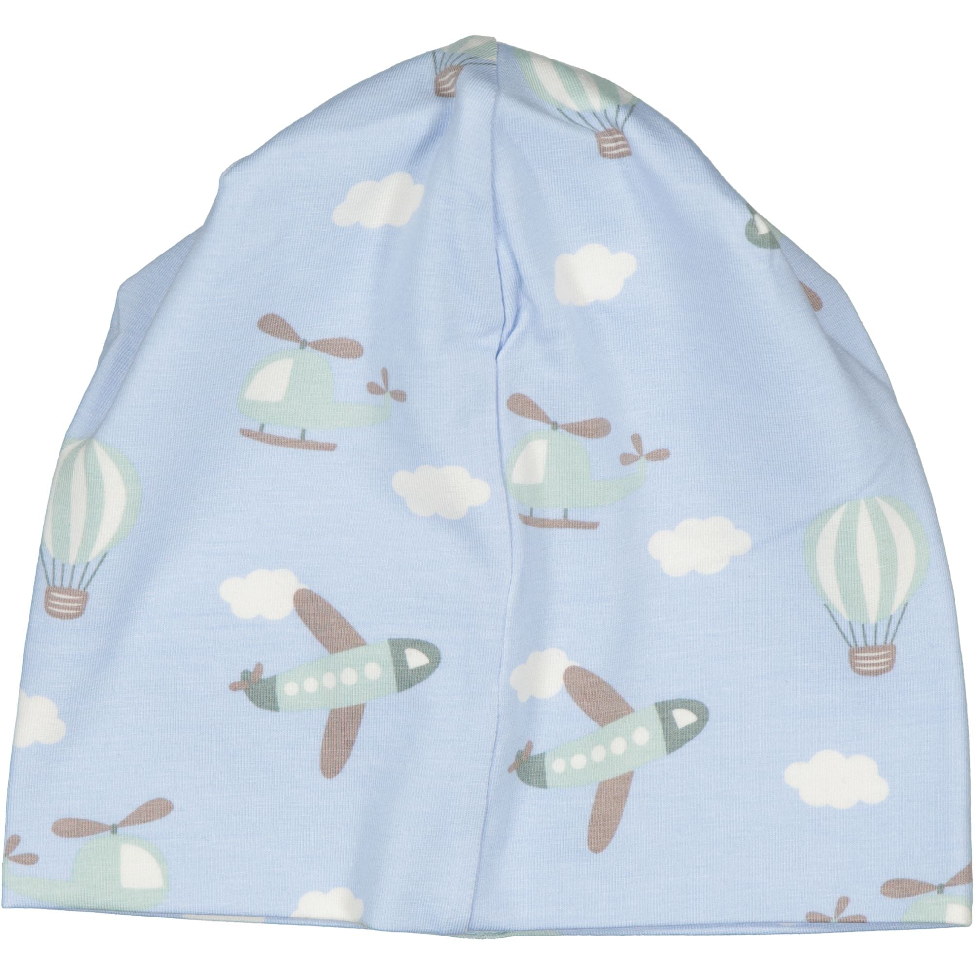 Blaue Kindermütze aus weichem Bambus und Bio-Baumwolle mit Flugzeugmuster von Geggamoja, Rückansicht.