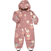 Old Pink winter overall with heart pattern, hood, and reflective details from Geggamoja.