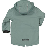Moss-green children's winter parka viewed from the back with a detachable hood from Geggamoja.