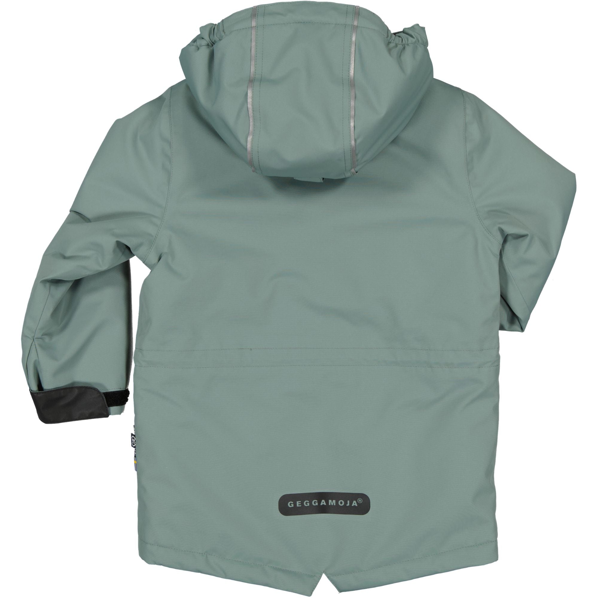Moss-green children's winter parka viewed from the back with a detachable hood from Geggamoja.