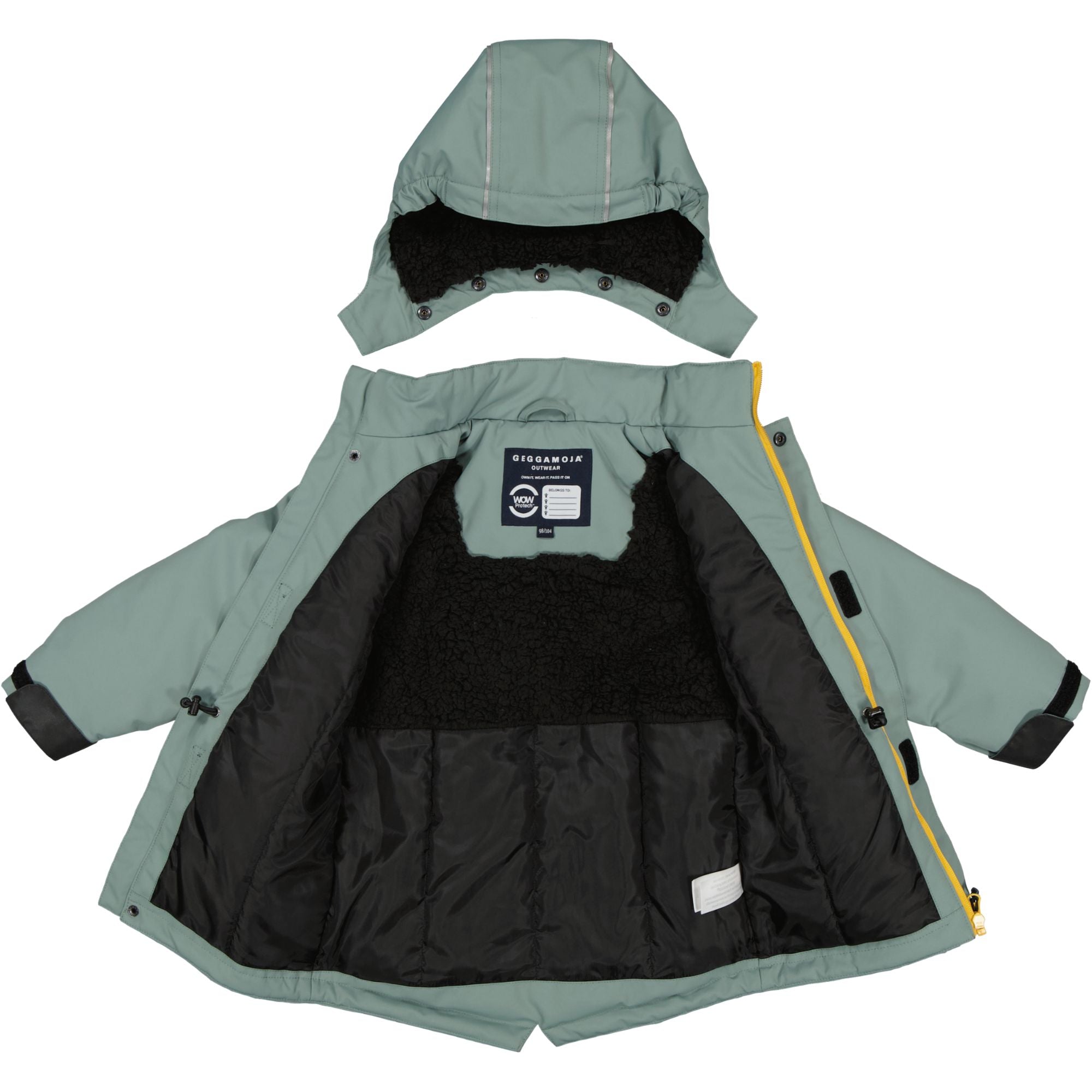 Moss green winter parka for children with a detachable hood and warm lining from Geggamoja.