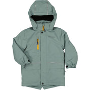 Moss green winter jacket parka for children with a detachable hood and details from Geggamoja.