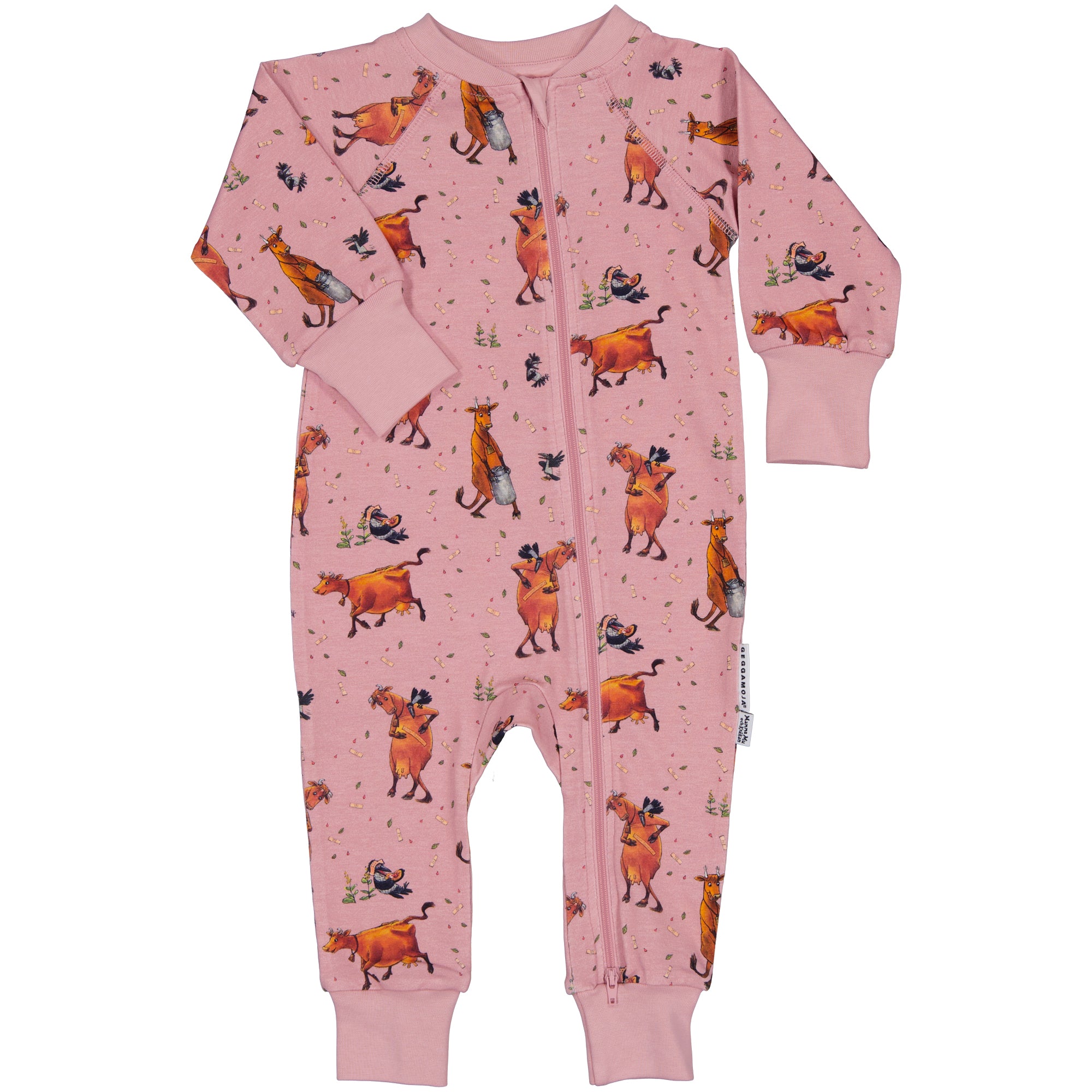 Altrosa Pyjama aus weicher Bio-Baumwolle mit Mama mu und Krähe-Muster sowie Zweiwege-Reißverschluss von Geggamoja.