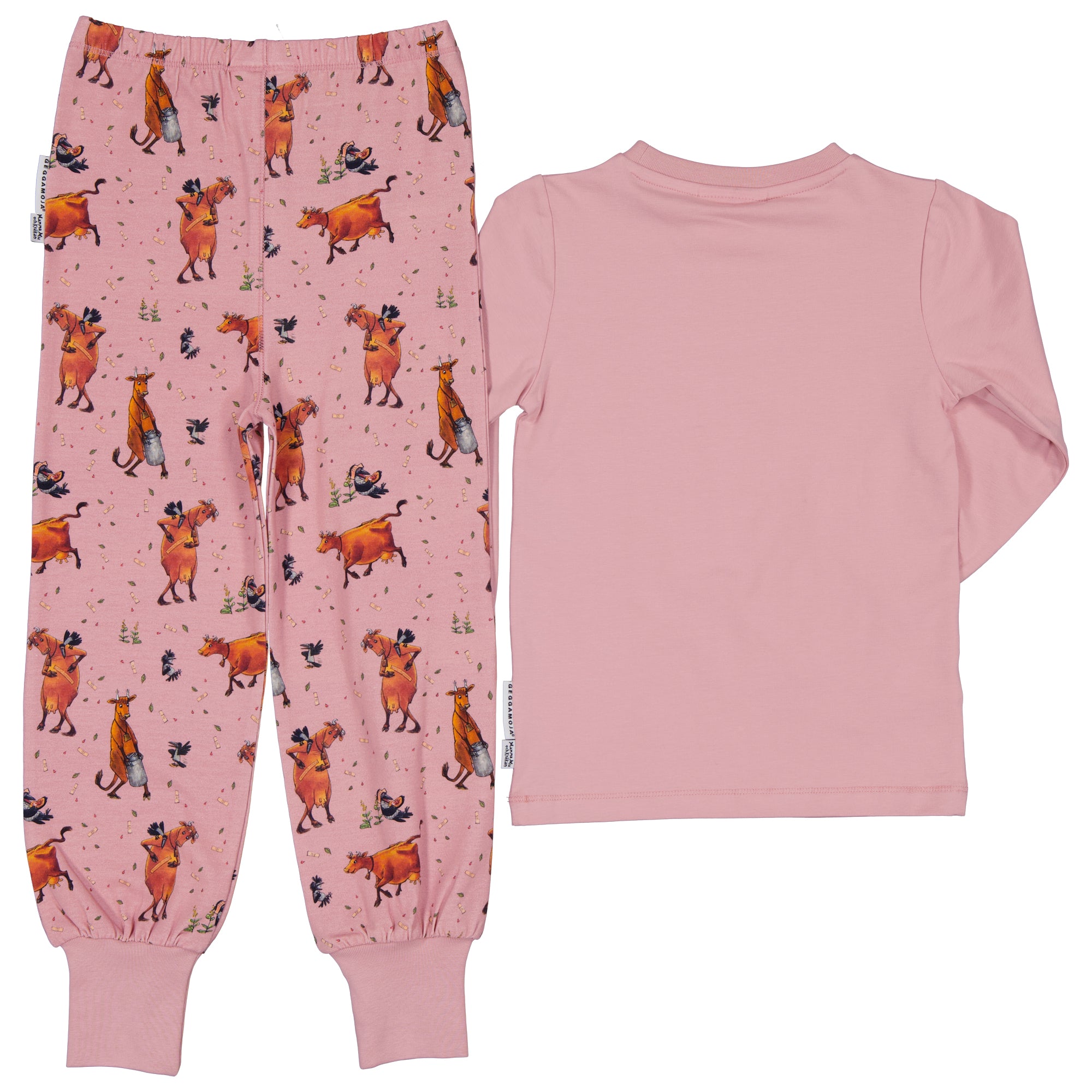 Rosa tvådelad Mamma Mu och Kråkan-pyjamas i mjuk ekologisk bomull sett bakifrån från Geggamoja.