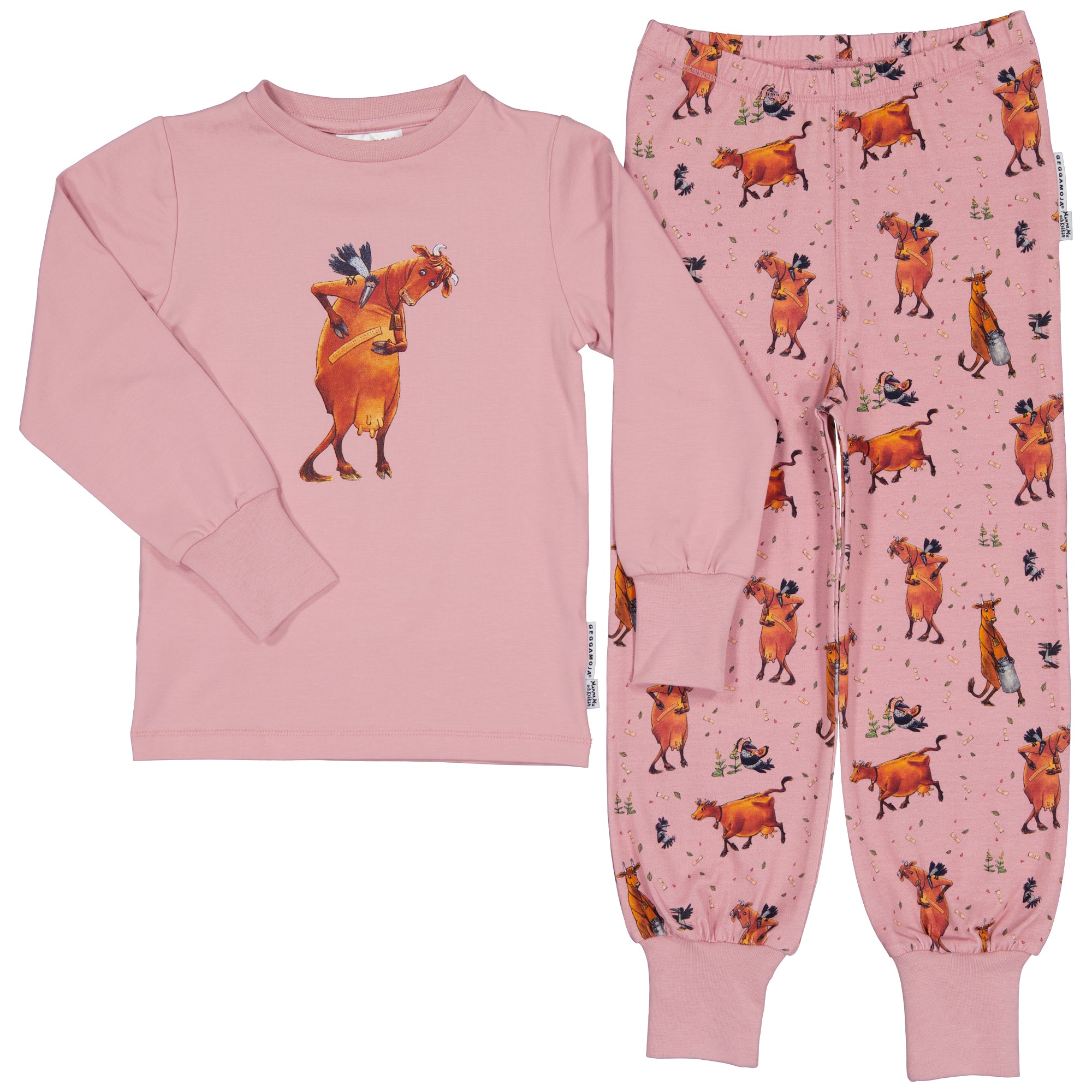 Rosa tvådelad pyjamas i mjuk ekologisk bomull med Mamma Mu och Kråkan-mönster från Geggamoja.