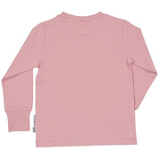 Old pink long-sleeved shirt in soft organic cotton with Mamma Mu and Kråkan motif seen from the back by Geggamoja.