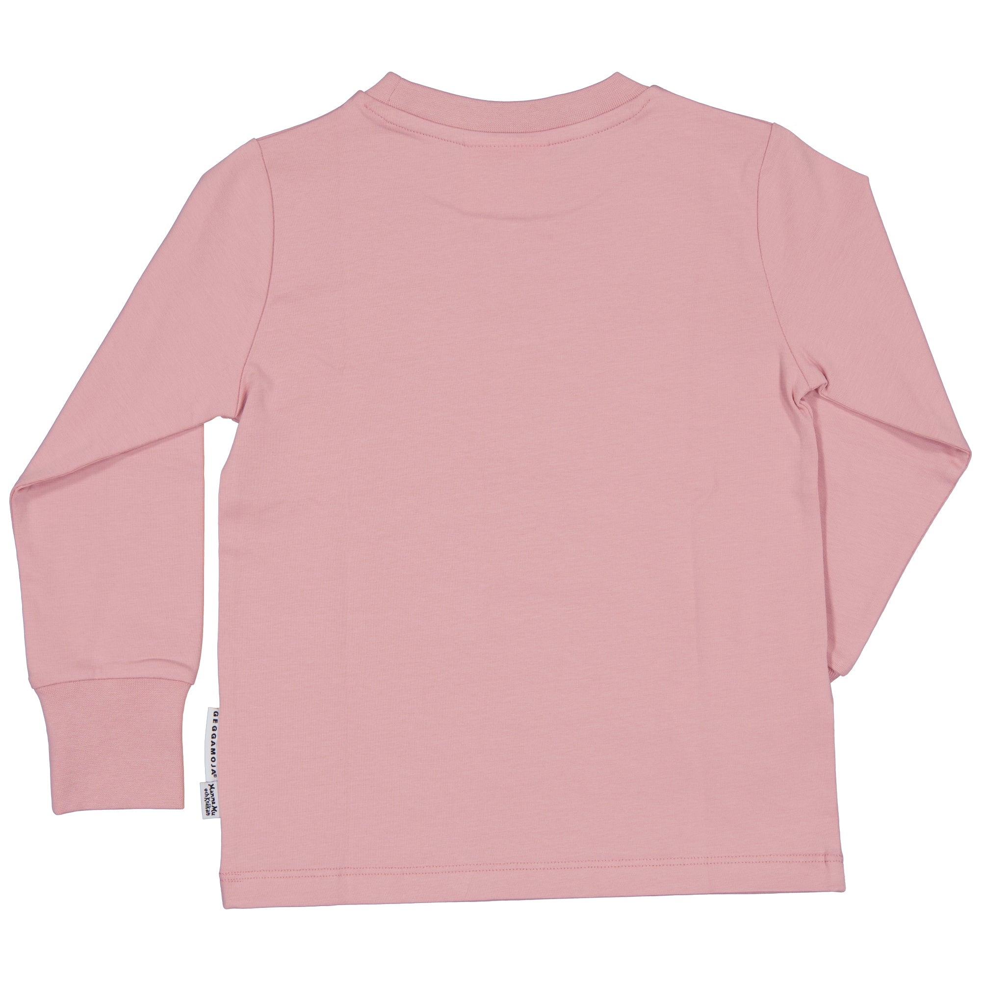 Old pink long-sleeved shirt in soft organic cotton with Mamma Mu and Kråkan motif seen from the back by Geggamoja.