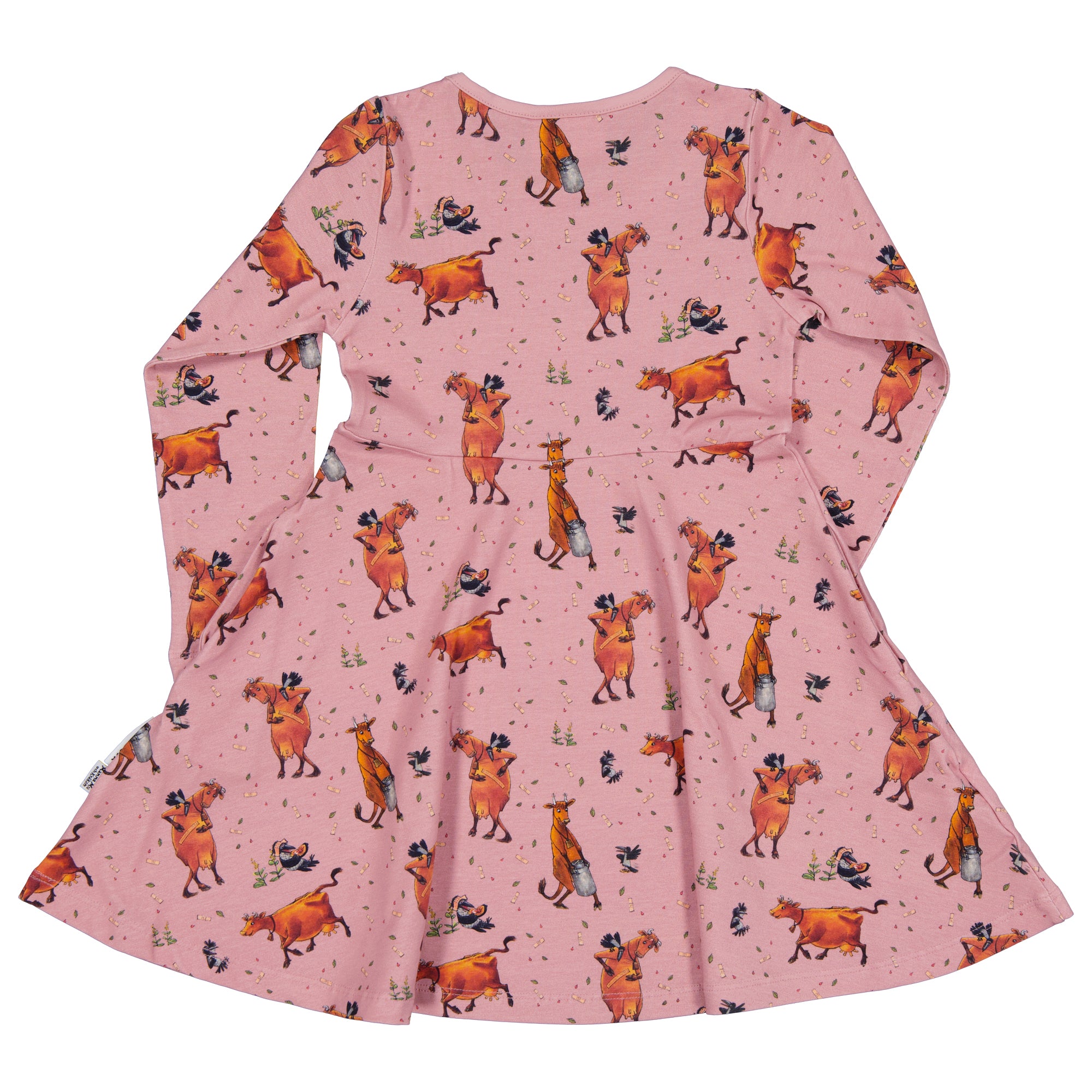 Pink twirl dress in soft organic cotton with a Mamma Mu and Crow pattern viewed from the back by Geggamoja.