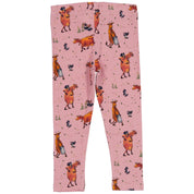 Pink leggings in soft organic cotton with Mamma Mu and Crow pattern viewed from behind by Geggamoja.