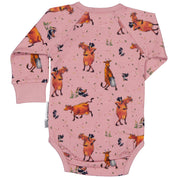 Pink long-sleeved organic cotton bodysuit with Mamma Mu and Kråkan pattern seen from the back from Geggamoja.
