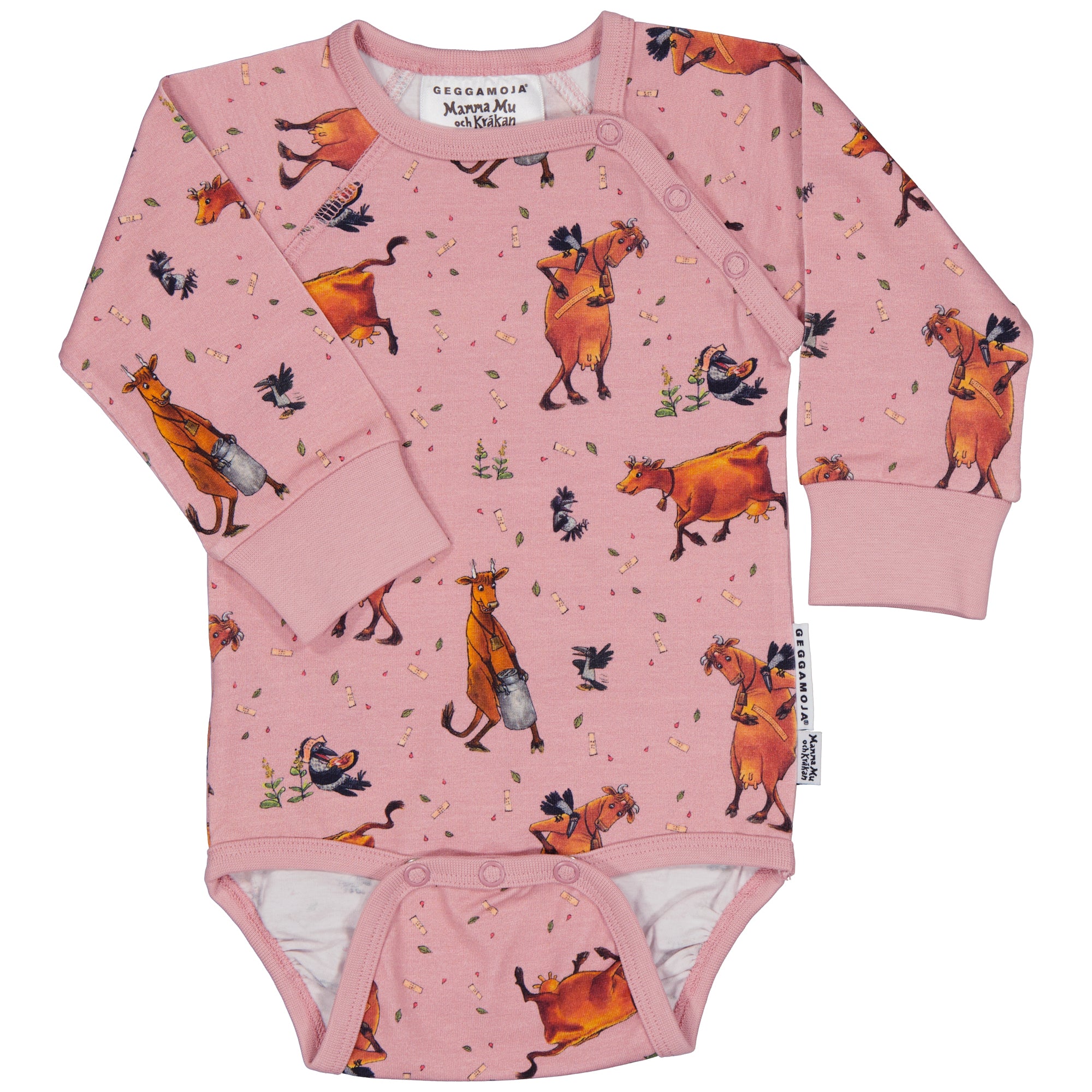 Rosa långärmad body i mjuk ekologisk bomull med Mamma Mu och Kråkan-mönster från Geggamoja.